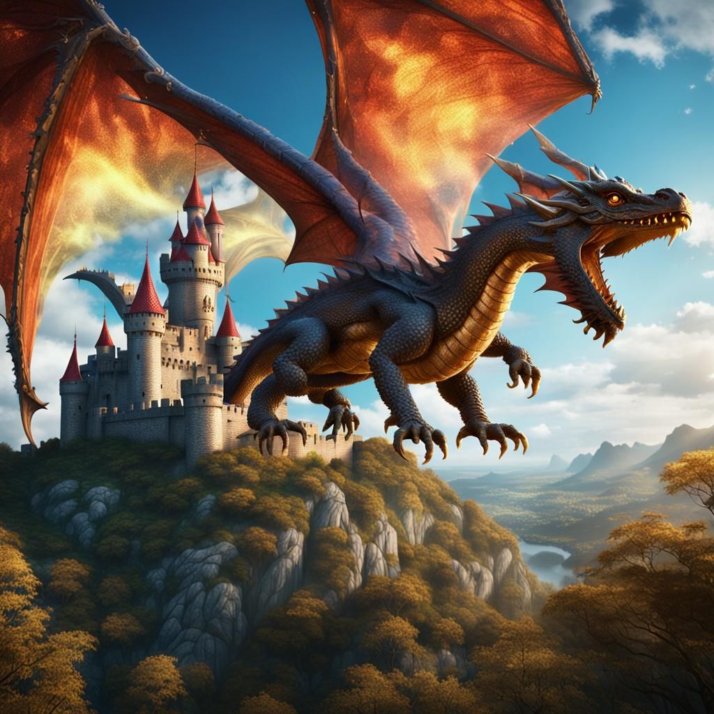 Dragon with Tulle Wings Flies Over Castle