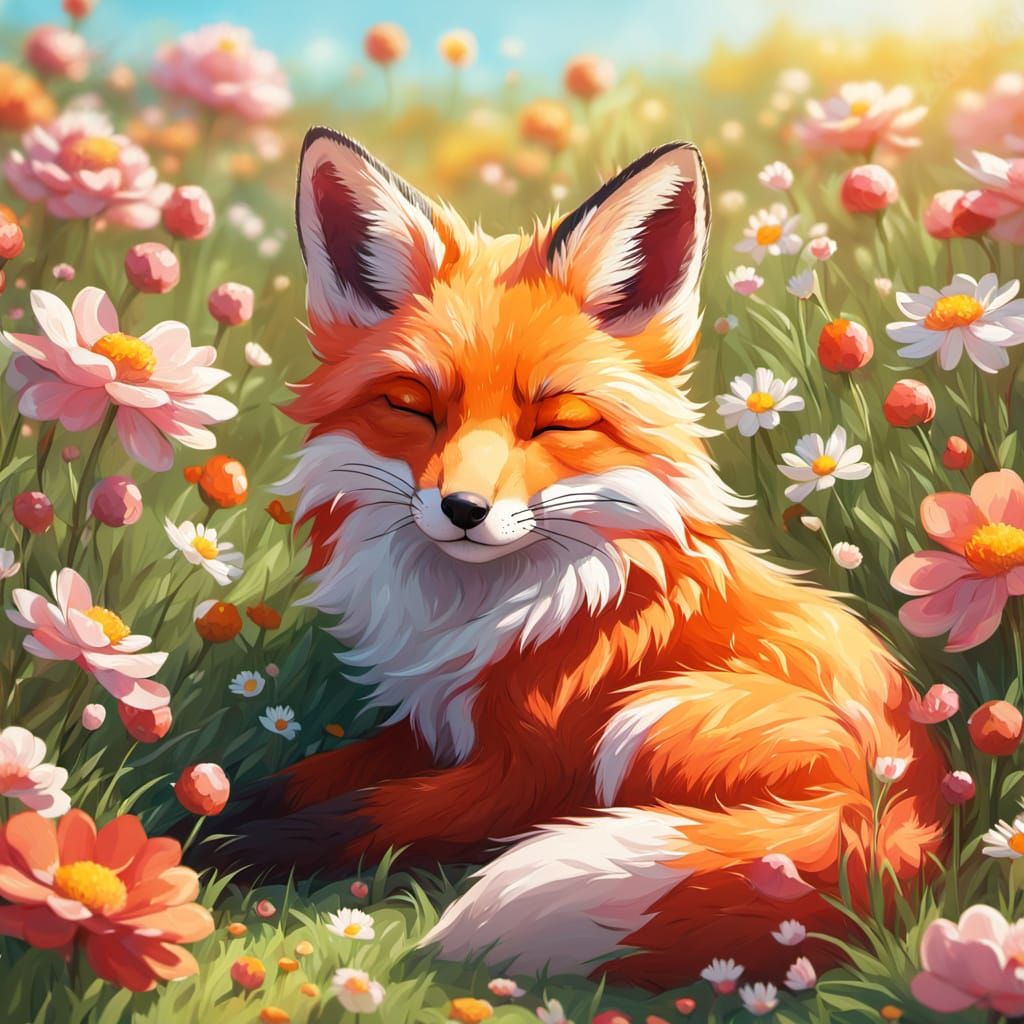 Red Fox Napping in Flower Meadow: Oil Painting