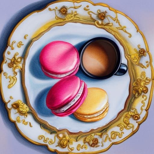 Macarons and Coffee in Photorealistic Impasto Painting
