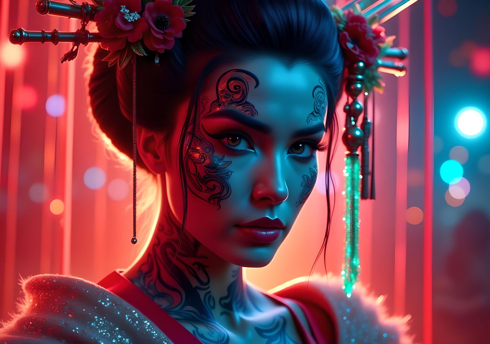 Tattooed Geisha Ultrawarrior Queen with Glowing Energy Lines
