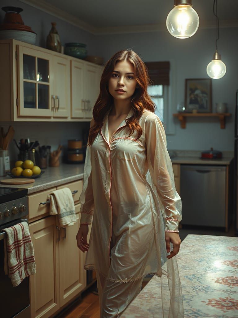 Woman Waking Up in Kitchen in Transparent Pajamas