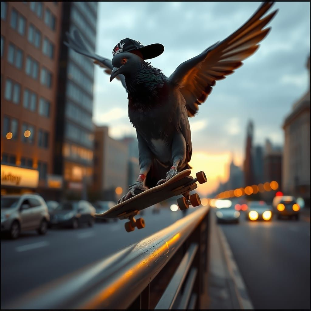 Pigeon Skateboarder's Dusk Stunts: Urban Scene