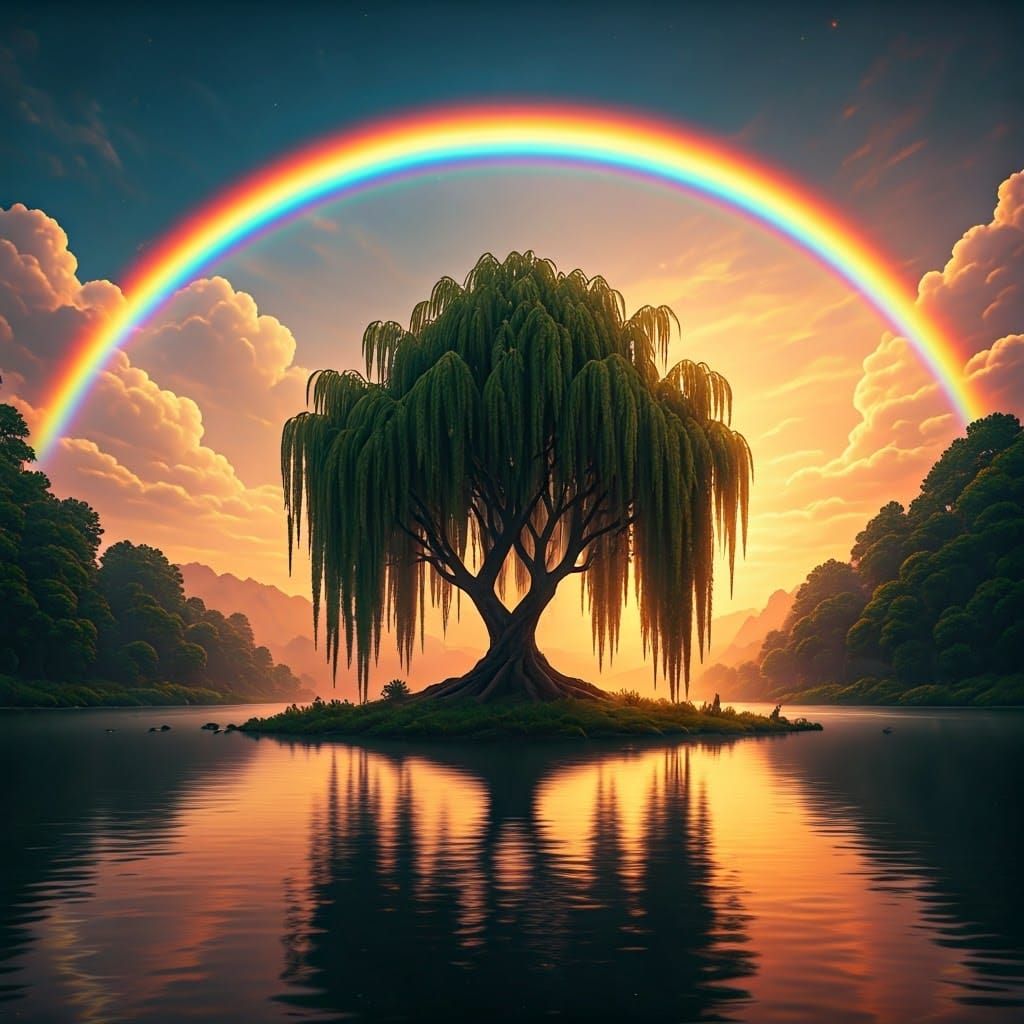 Rainbow Cathedral Over Shimmering Lake in Vibrant, Hyper-Rea...