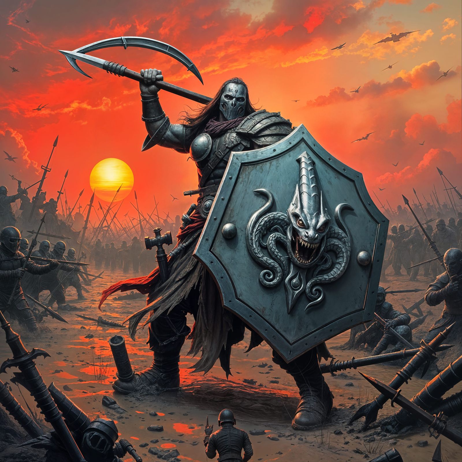 Warrior with Heater Shield and Harpoon in Crimson Sunset Bat...