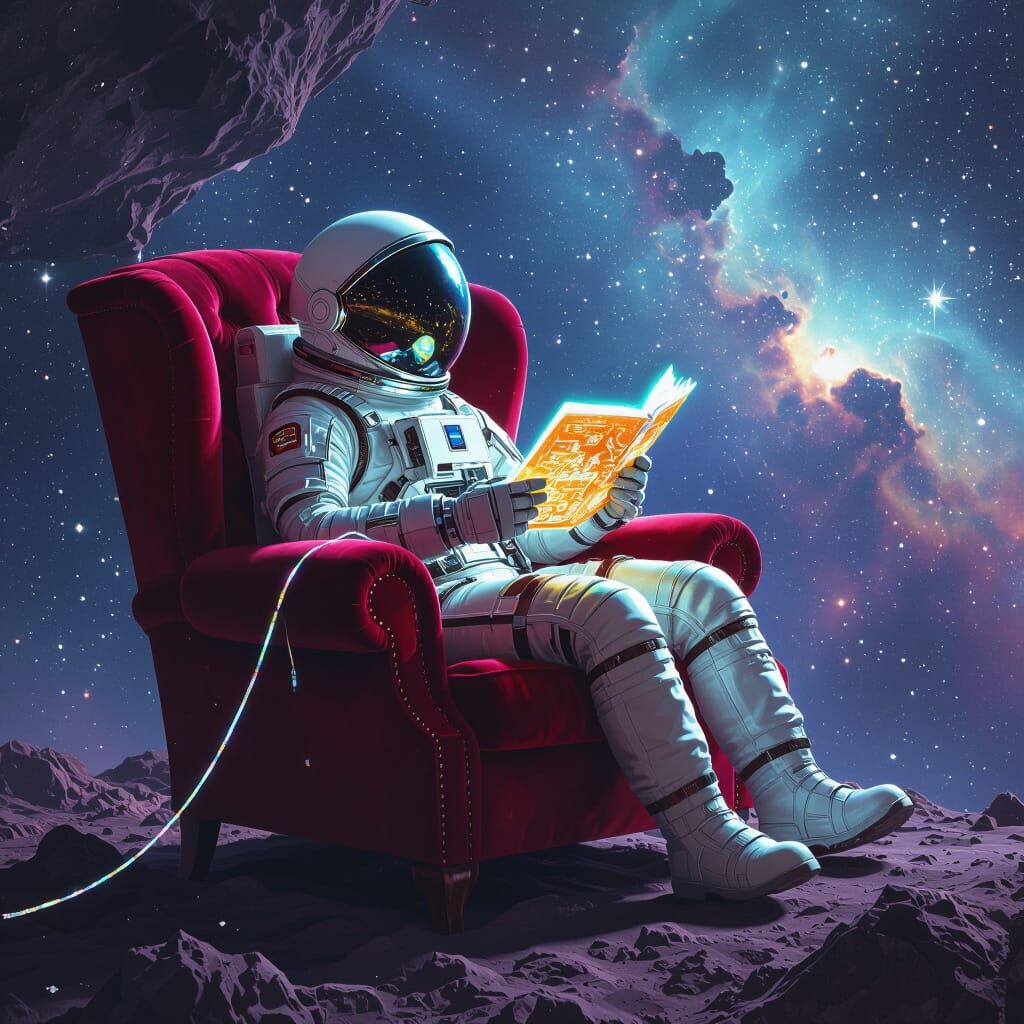 Astronaut Reading Alien Manuscript in Nebula