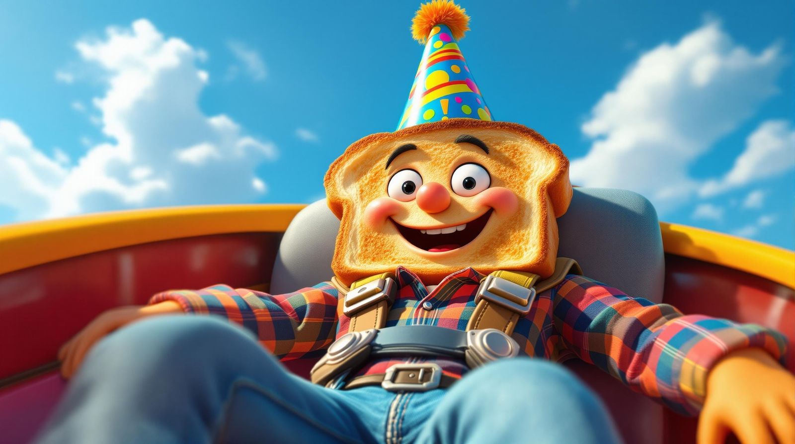 Thrilled Toast Rides Roller Coaster on Sunny Day