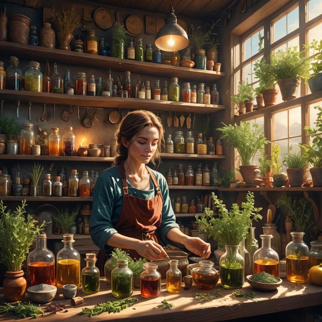 Cozy Herbalist Kitchen in Fantasy Concept Art Style