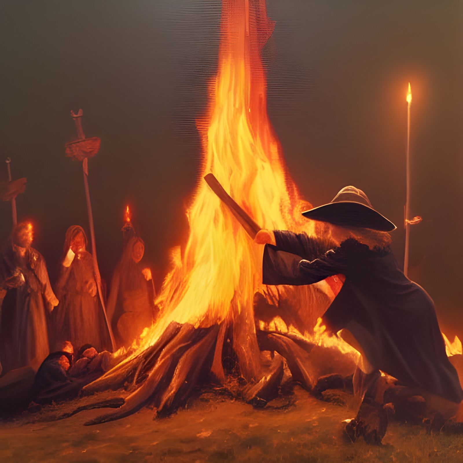 Witch Burning at the Stake as Oil Painting