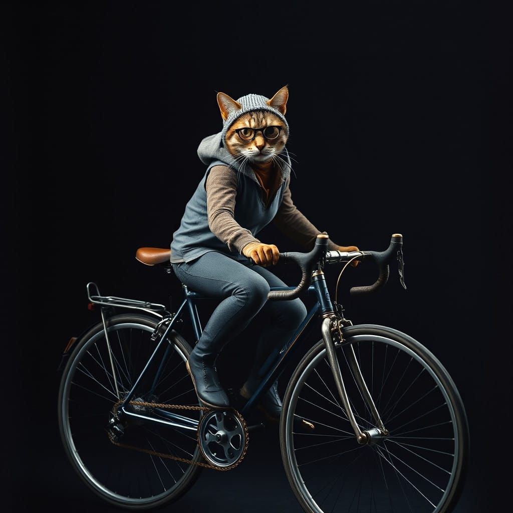 Majestic Cat Rides Vintage Fixie Bike Against Dark Gradient...