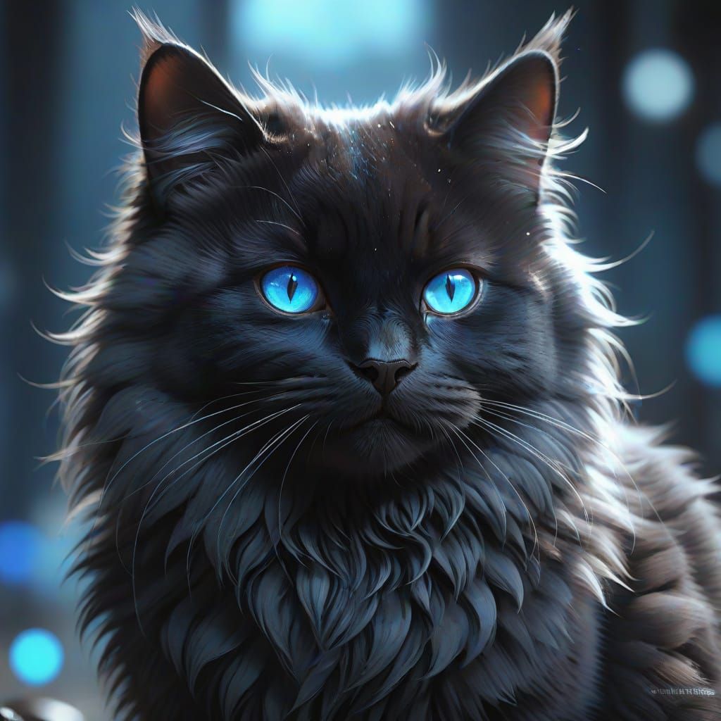Black Fluffy Cat with Blue Eyes in 3D Anime Art