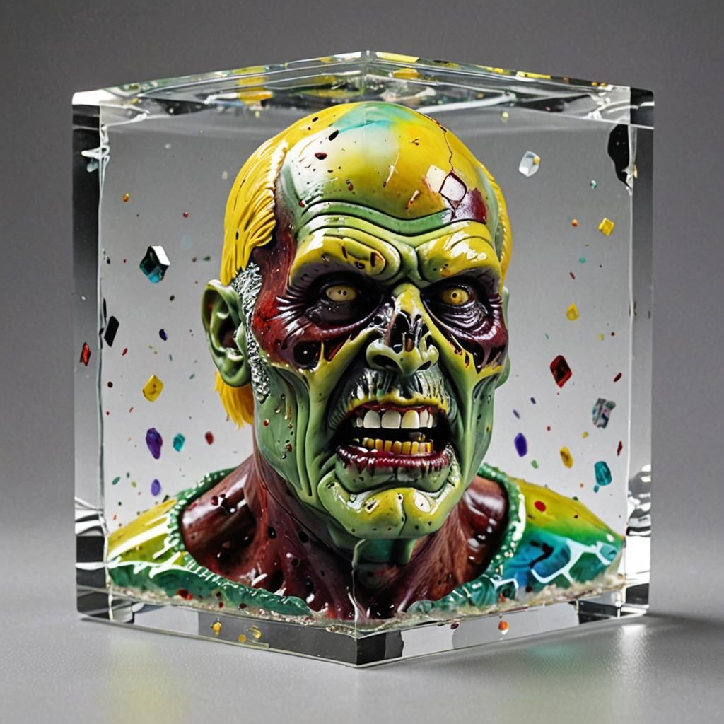 Zombie in Glass Cube: Ultra Hyperdetailed Digital Photograph