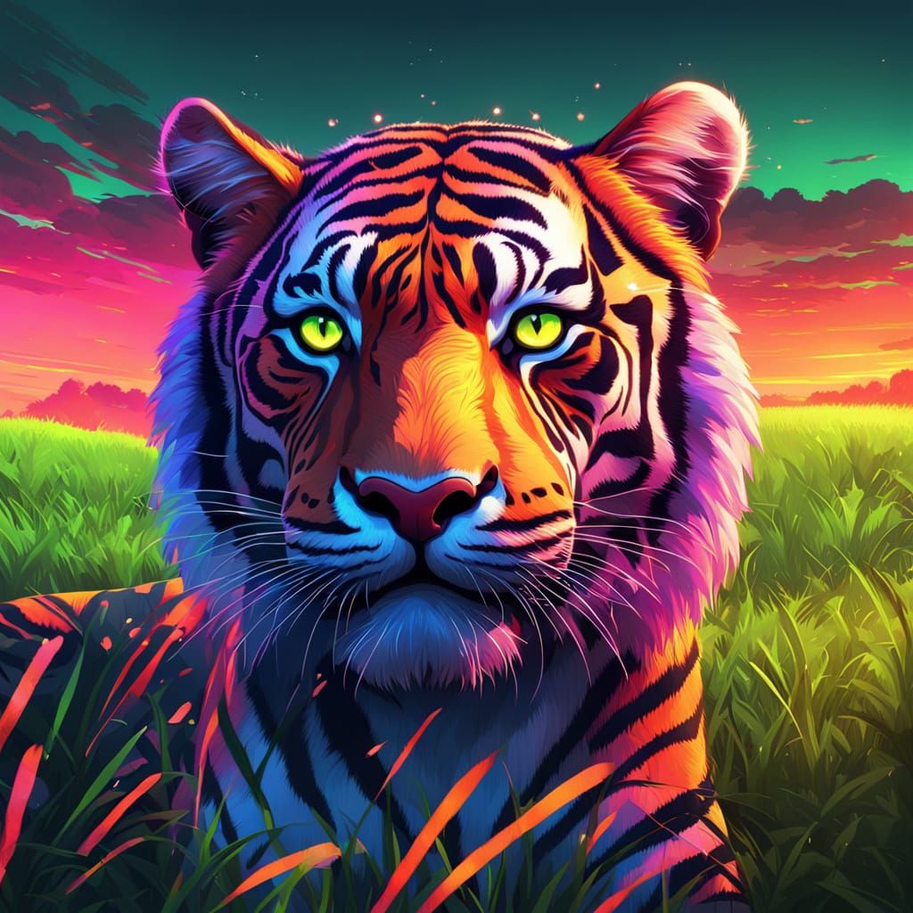 Neon Tiger in Field: Vibrant Digital Painting