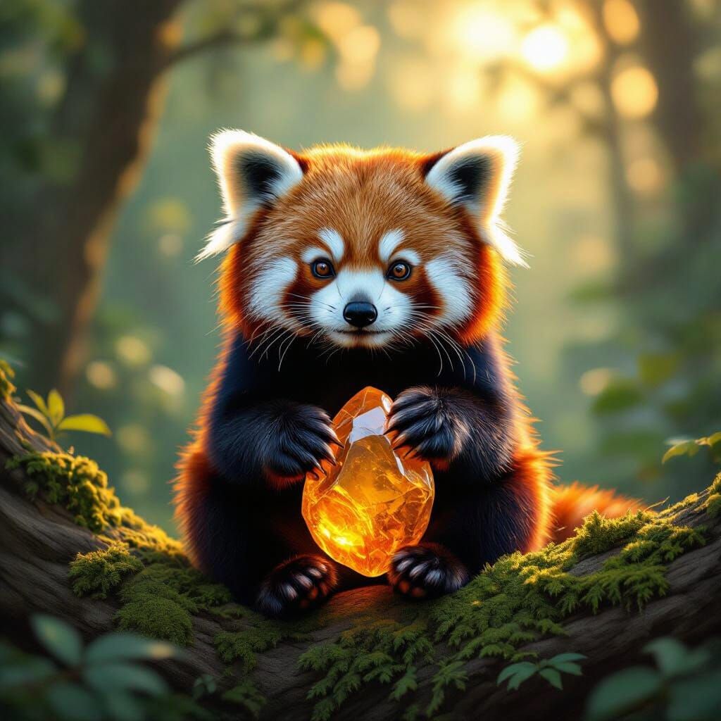 Red Panda Holds Amber in Forest Dawn Light