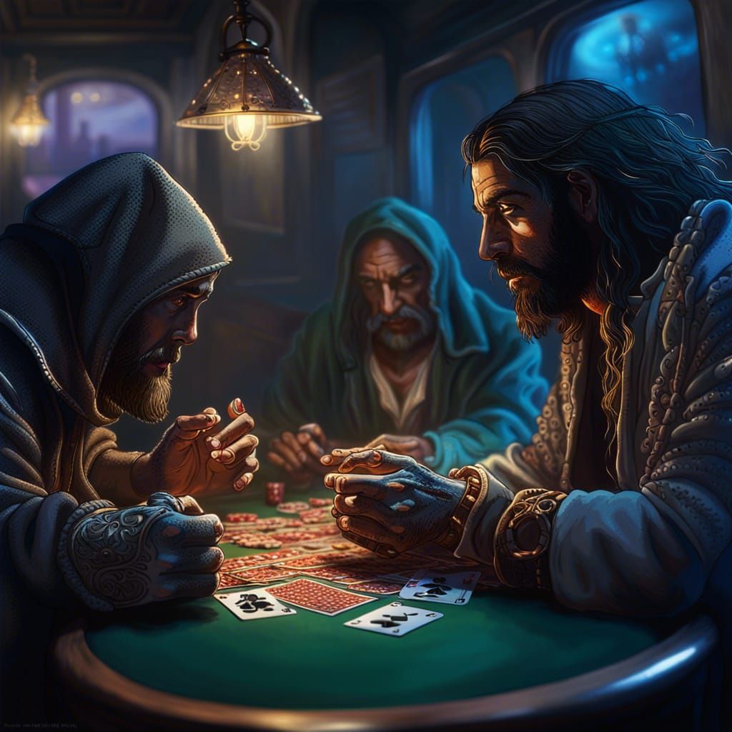 Devil and Jesus playing poker on a train, souls on the line