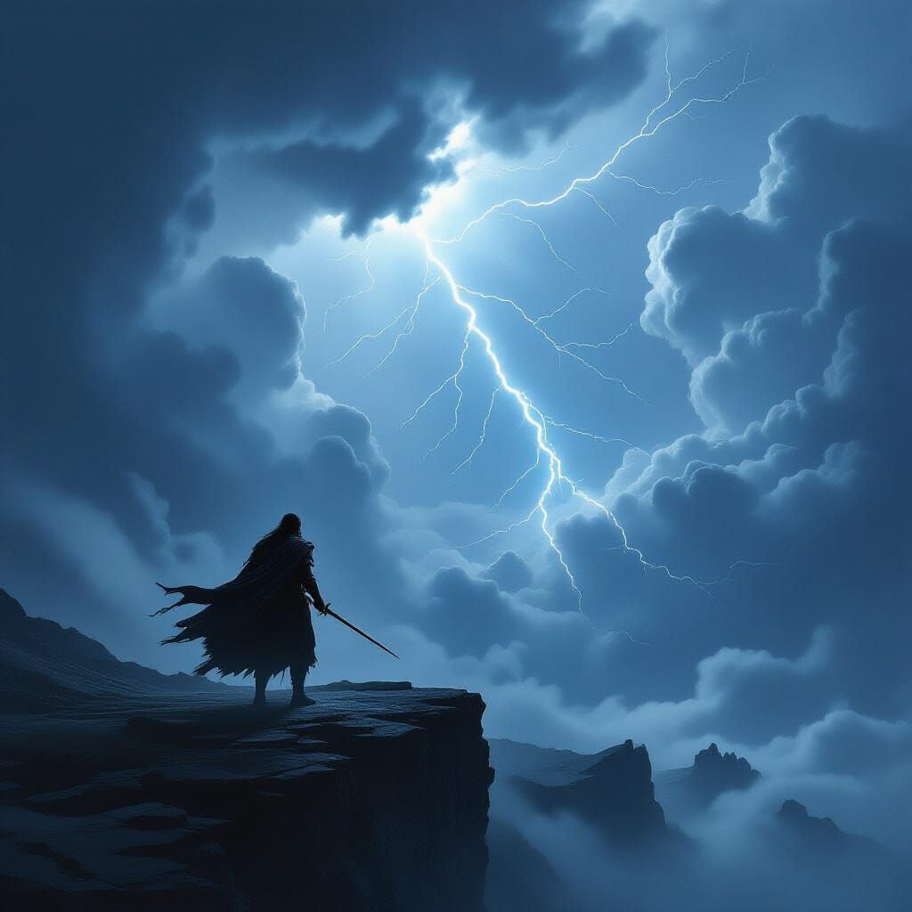 Warrior's Defiance on Stormy Cliff in Epic Fantasy Style