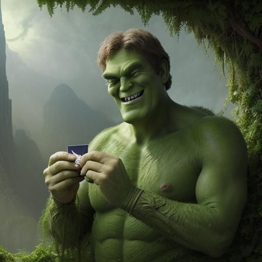 jolly green Giant is so happy as he holds a small postcard from home; postcard looks tiny in his huge hand; intricate de...