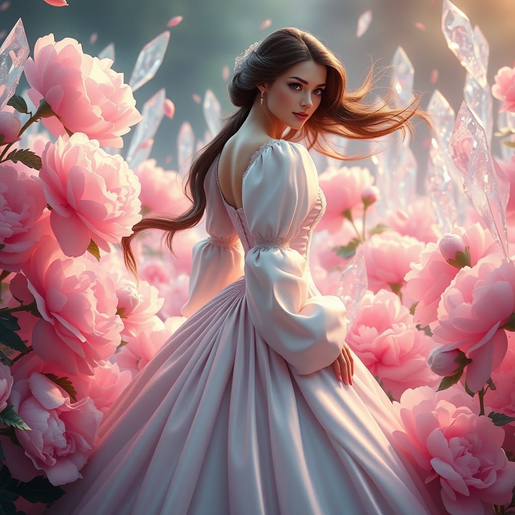 Victorian Woman in Dreamscape with Peonies in 8K