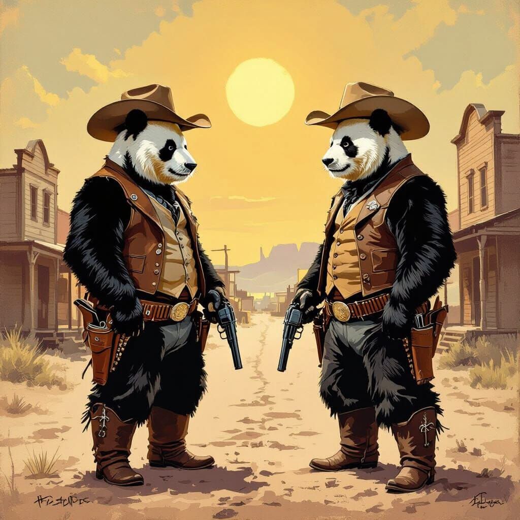 Cowboy Pandas Duel in Old West Style