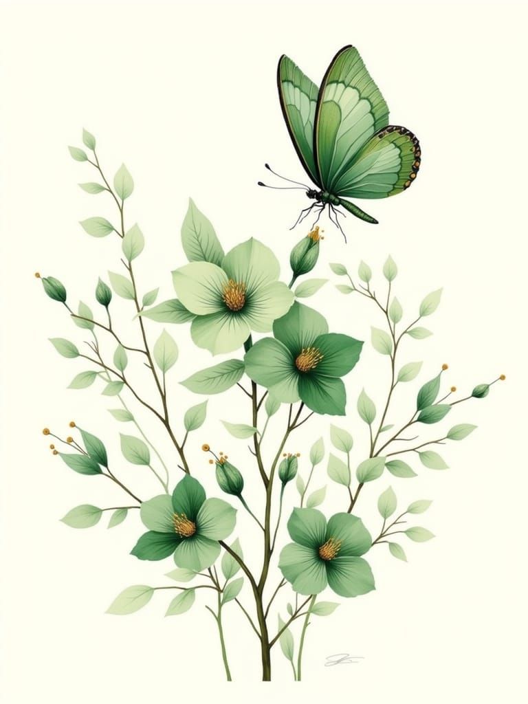 Chinoiserie Butterfly on Floral Branch Illustration