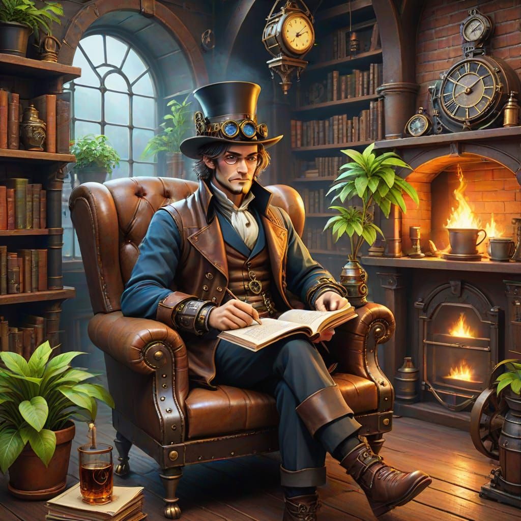 Whimsical Steampunk Scholar in Cozy Study
