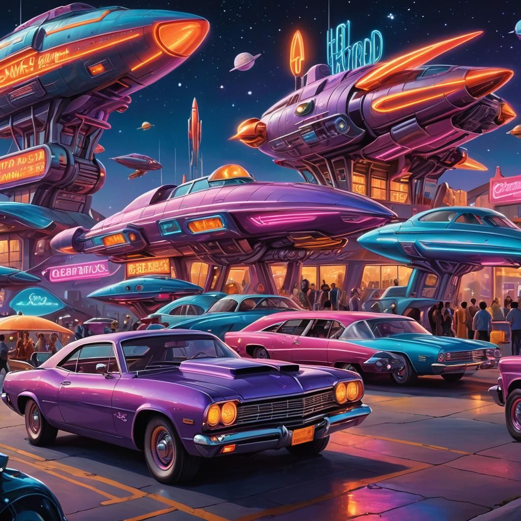 Hot Rod Spaceships at a Neon Cosmos Diner