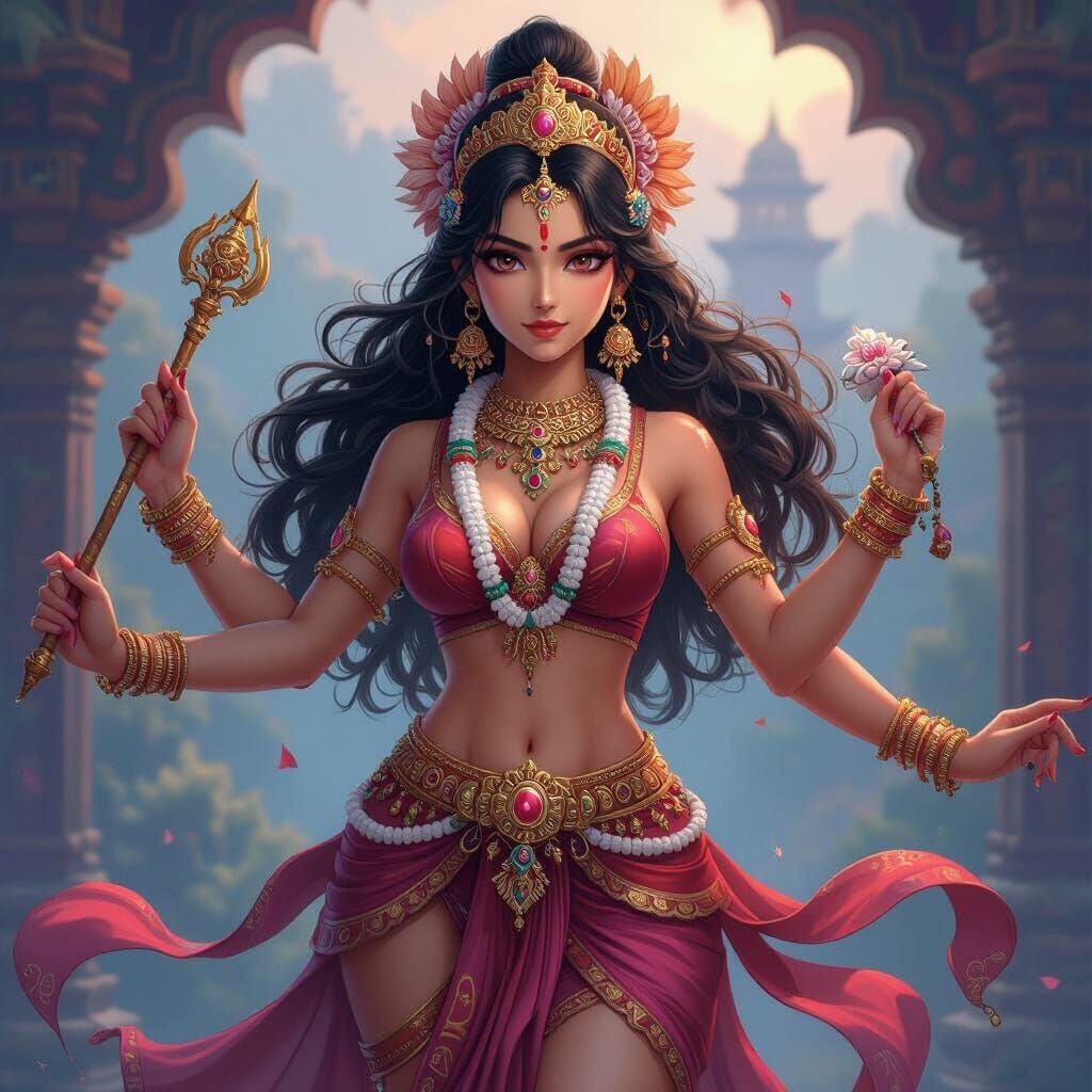 Durga in Anime Style with Intricate Indian Art Motifs