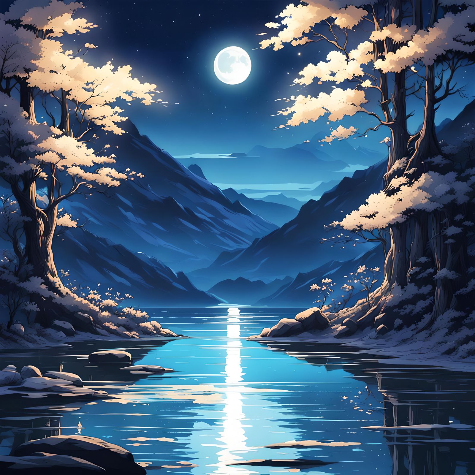 Blue Lake Under White Moon in Anime Style