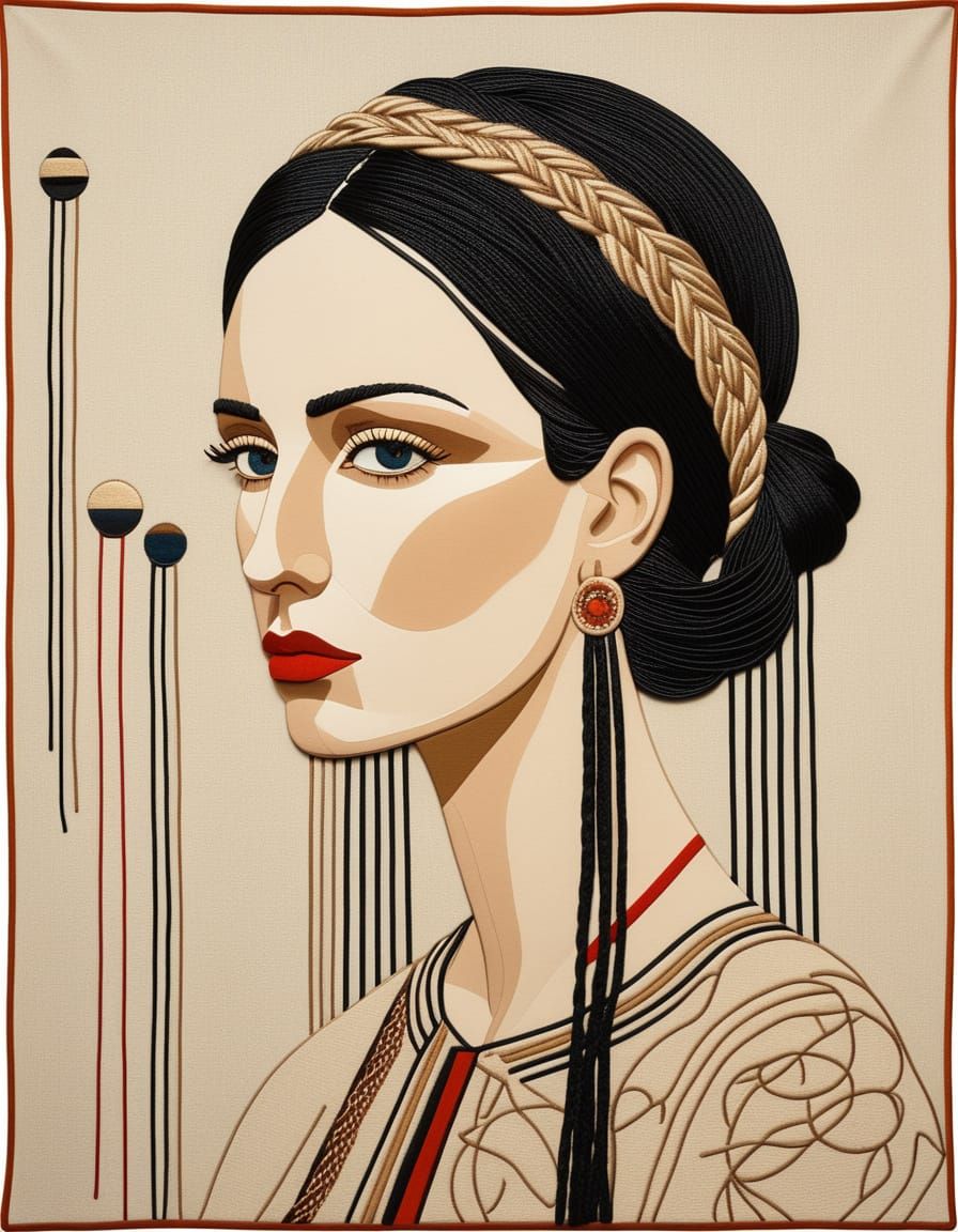 Embroidered Portrait with Braided Hair and Waterfall