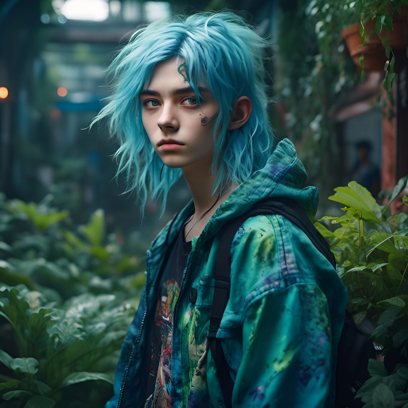 Androgynous Green-Haired Character in Anime Style