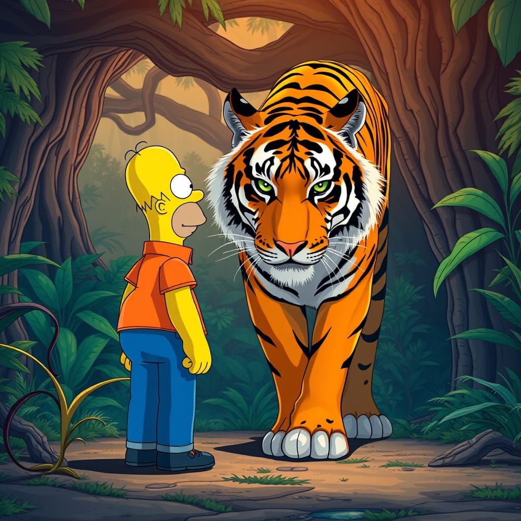 Homer Simpson Meets a Bengal Tiger in Vibrant Jungle