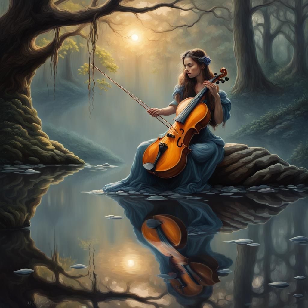 Mythological Nixie Playing Violin in Misty Forest