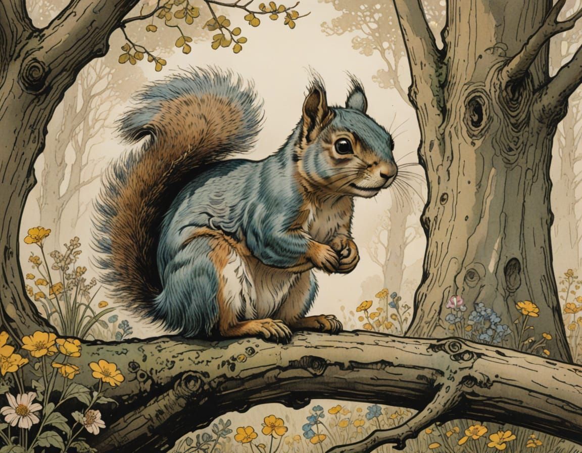 Surreal Squirrel in Oak Tree Landscape