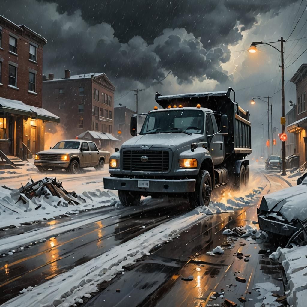 Dystopian Snowplow Destruction in Moody Oil Painting