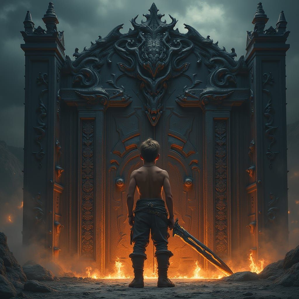 Muscular Hero Enters Dark, Ominous Iron Door in Gothic Reali...
