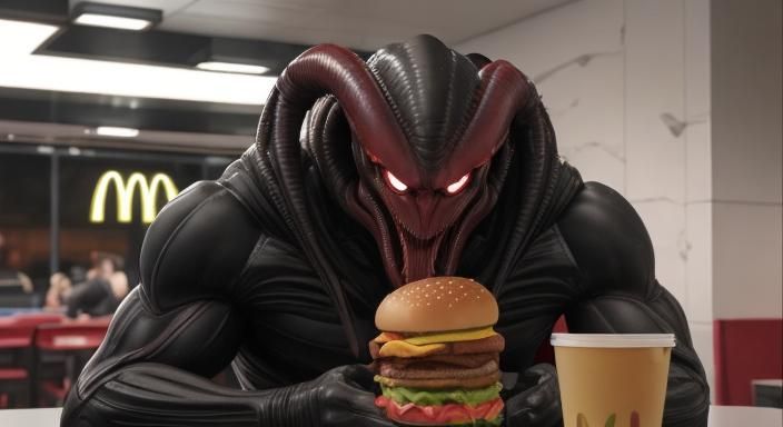 Crimson Xenomorph Enjoys Burger at Alien McDonald's