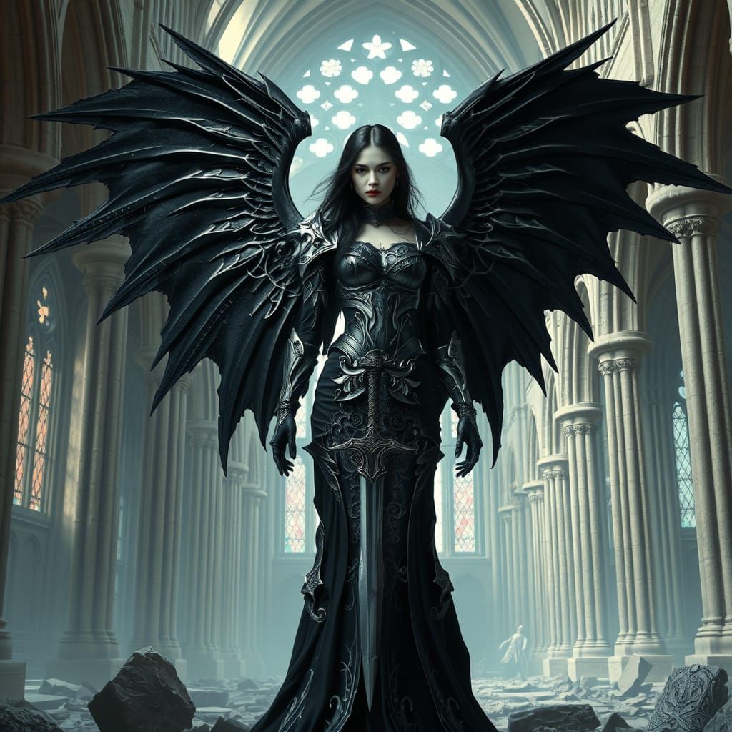 Gothic Angel of Death in Dark, Mystical Ruins