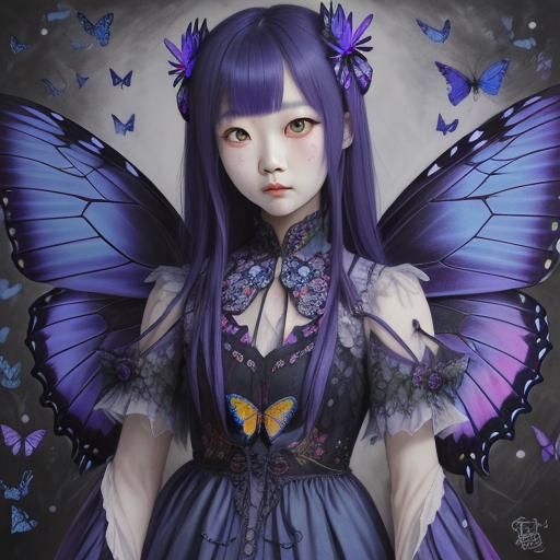 Girl in Butterfly Dress: Detailed Charcoal Drawing