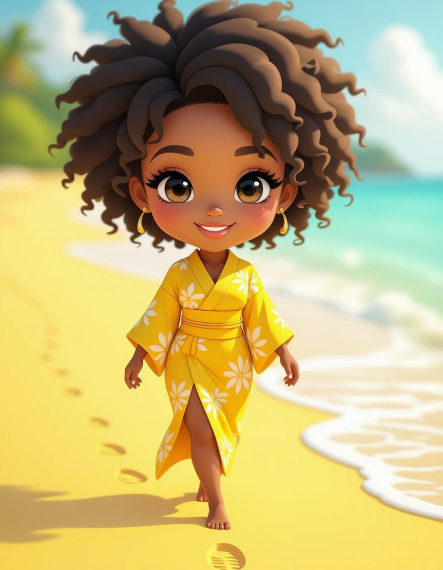 Hyperrealistic Chibi Woman on Yellow Sand Beach