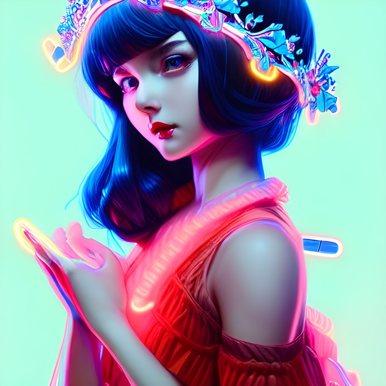 Neon Woman with Ruby Crown: Digital Illustration
