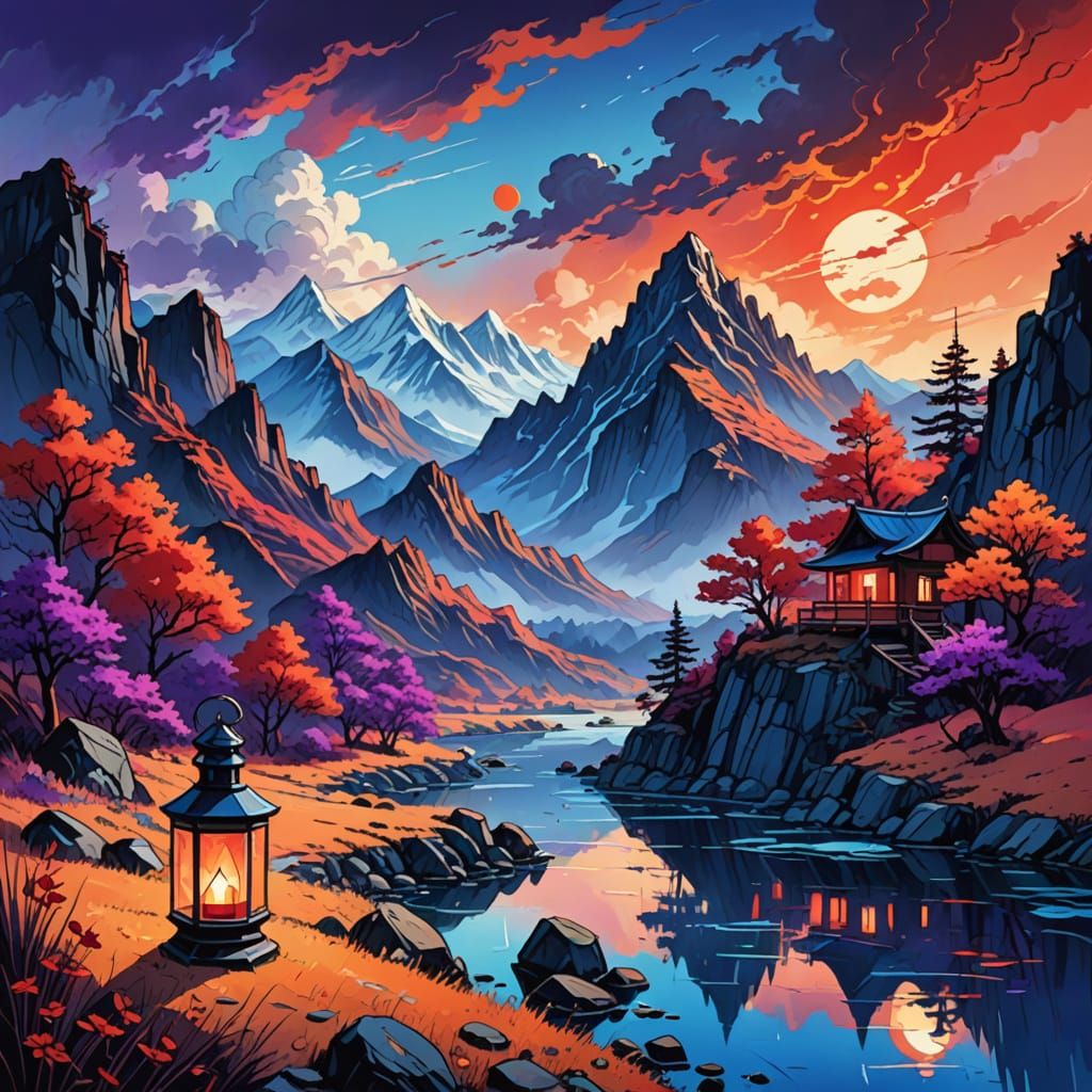 Stormy Mountain Landscape with Lanterns in Digital Art