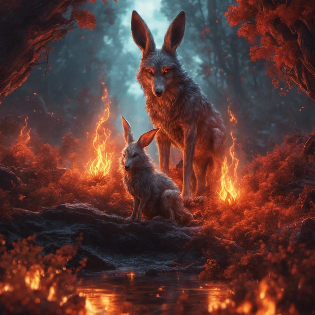 Fantasy Wolf and Bunny in Forest Fire