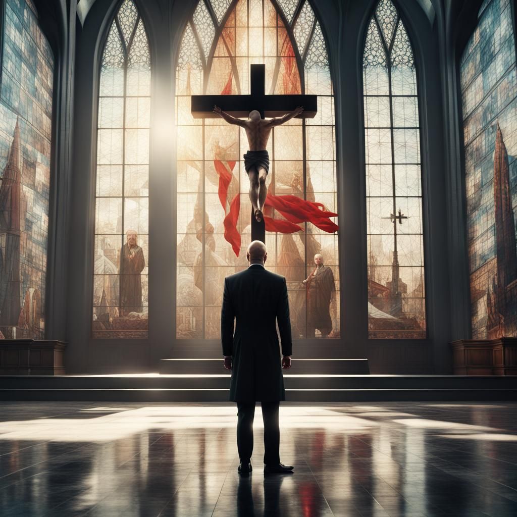 Agent 47 in Front of Church Window