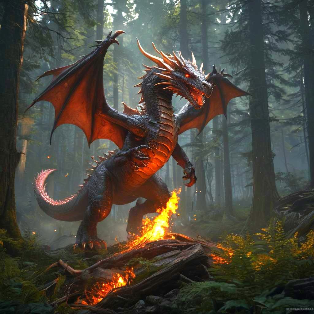 Fire-Breathing Dragon in Forest: Dark Fantasy Art