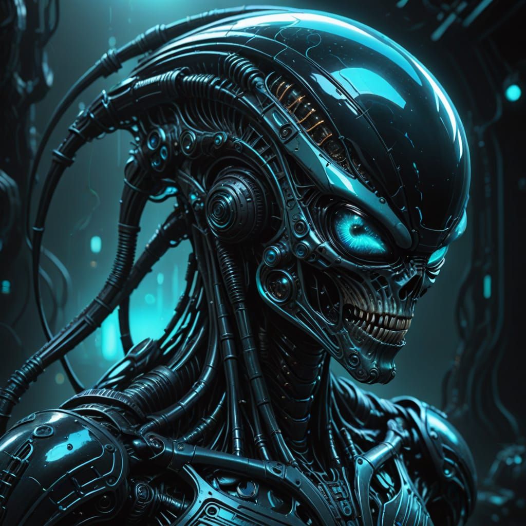 Bioluminescent Biomechanical Alien Drifting in Dark Ocean De...
