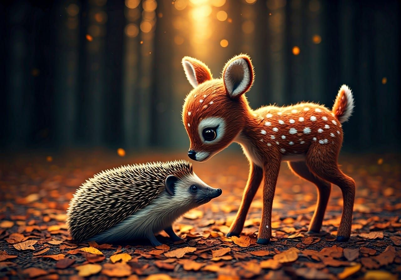 Knitted Deer and Hedgehog in Autumn Leaves