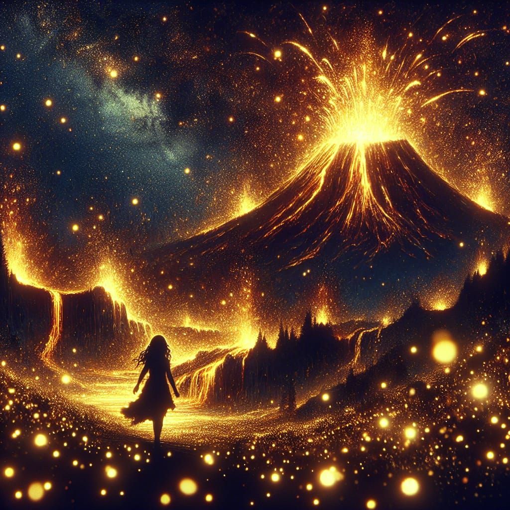 Girl Silhouetted Against Erupting Volcano in Fantastical Sty...