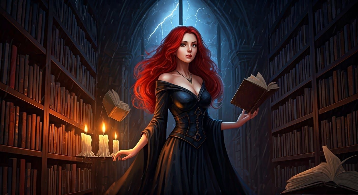 Sorceress in Ancient Library During Thunderstorm