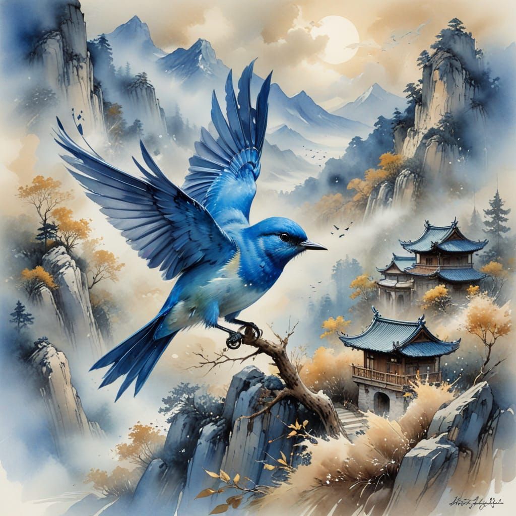 Misty Mountains with Blue Bird in Chinese Watercolor