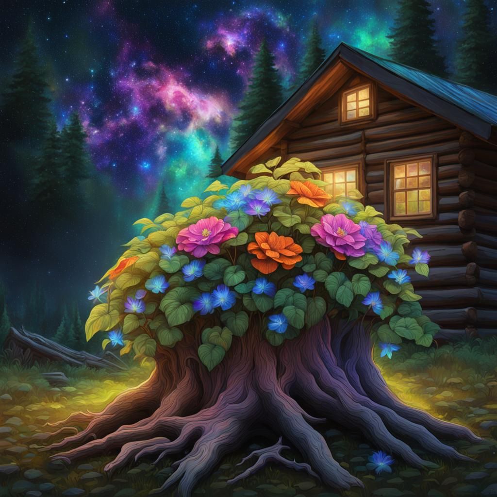 Flower Basket on Tree Stump, Astral Illustration