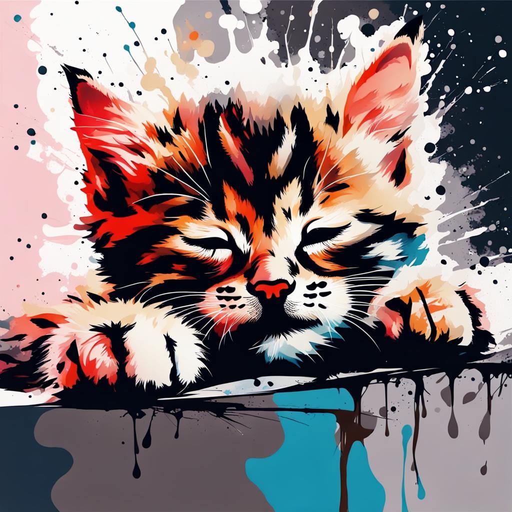 Cute Kitten Sleeping: Abstract Ink Splashes Painting
